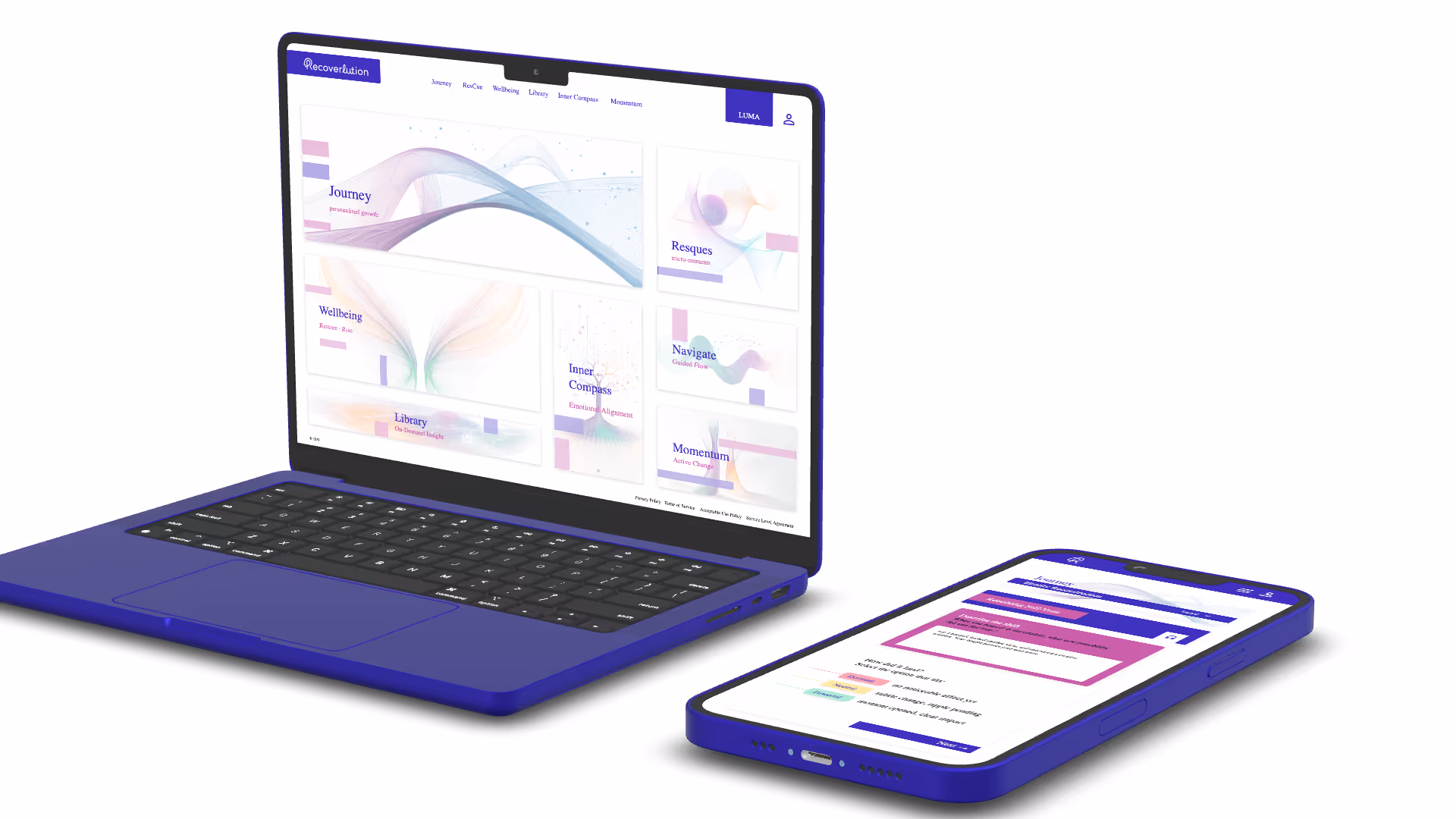 A studio image on a crisp white background of teh Recoverlution Platform displayed on both Laptop and then the Recovery Journeys on mobile.