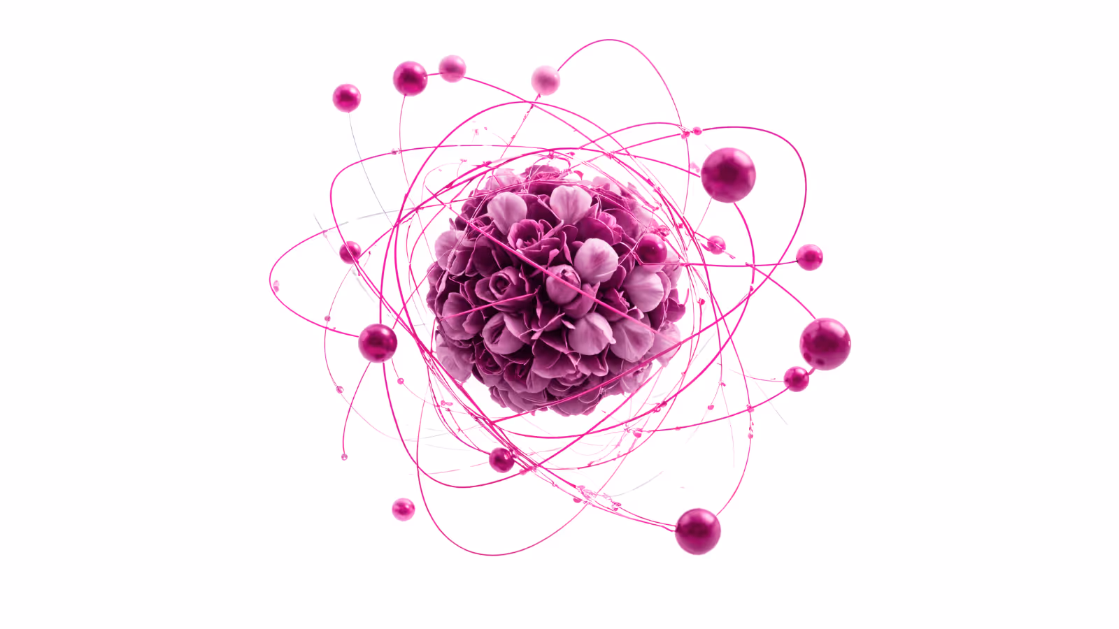 Interconnected neural pathways swirling and shaped like an individuals universe to the centre of an orb depicted by blossoming flowers on a white embedded background