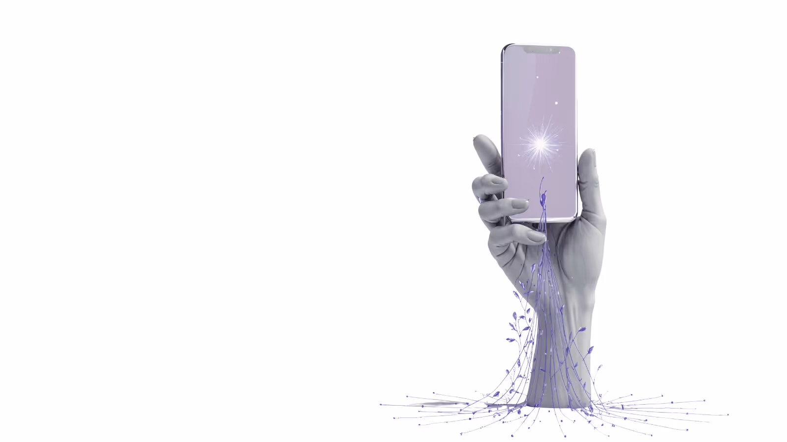 A hand and forearm with digital roots glowing into a smart phone with a prism amidst its face
