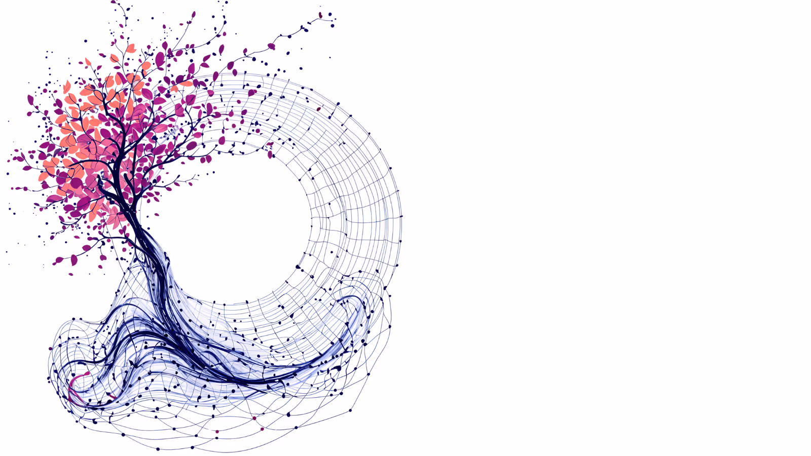 A digital tree with its roots arcing around in a connected loop