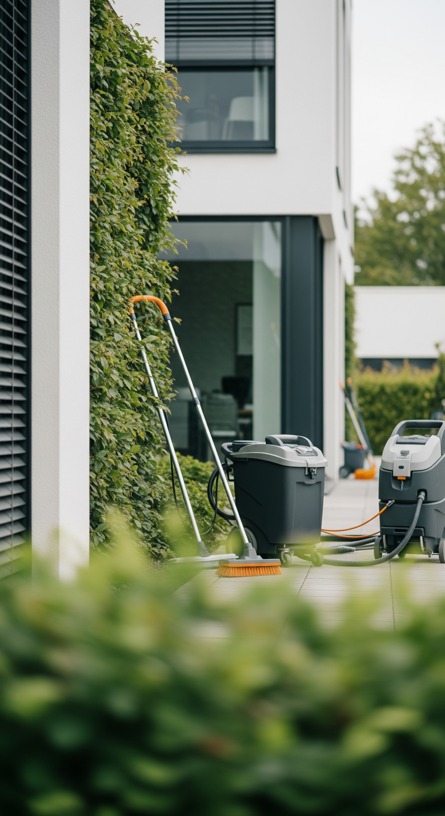 Reinigungsmaschinen auf einer modernen Terrasse mit Blick auf ein minimalistisches Gebäude – bereit für die Außenflächenreinigung