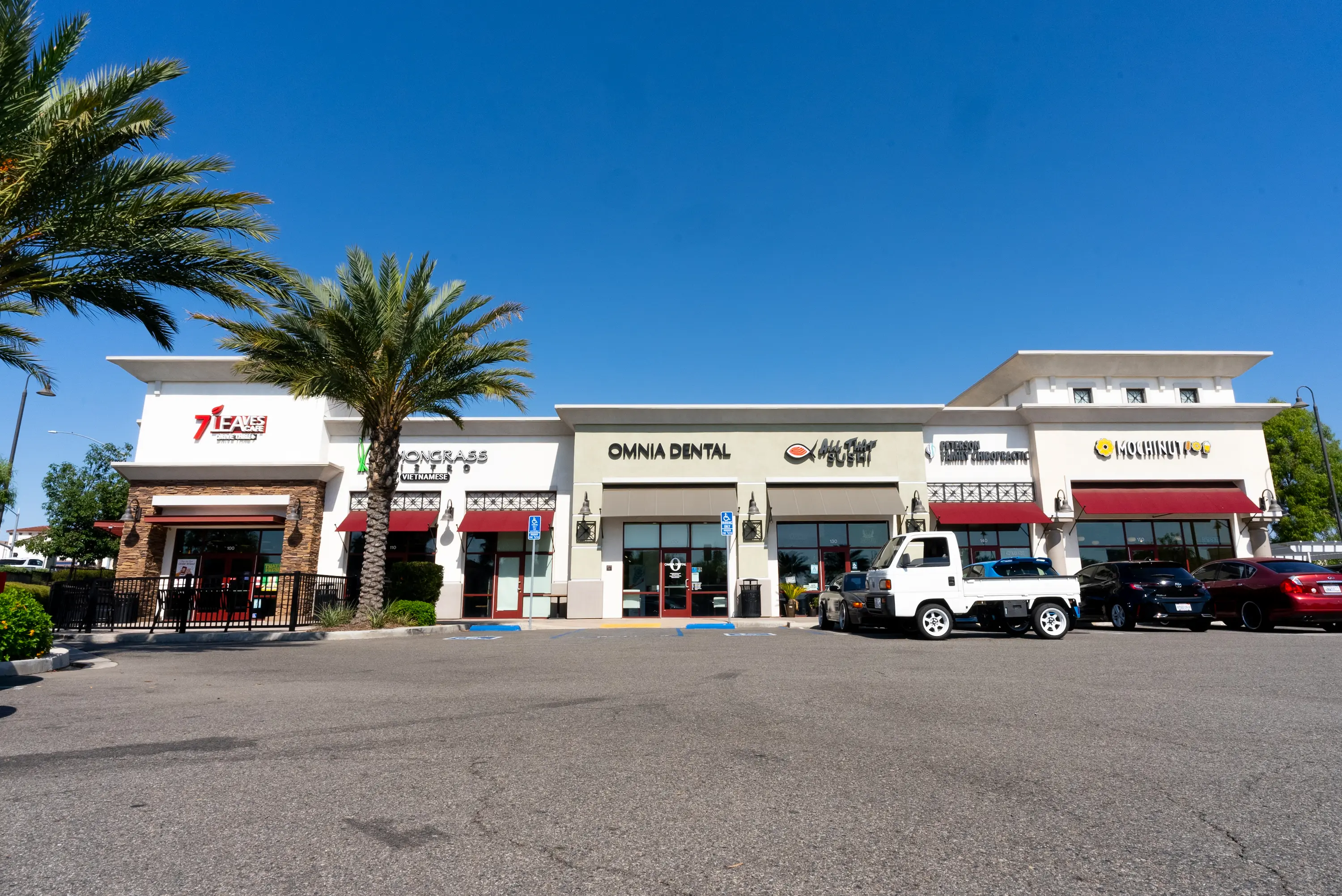 Strip mall with palm trees in front and businesses including Omnia Dental, Add That Sushi, and Mochinut under clear blue sky