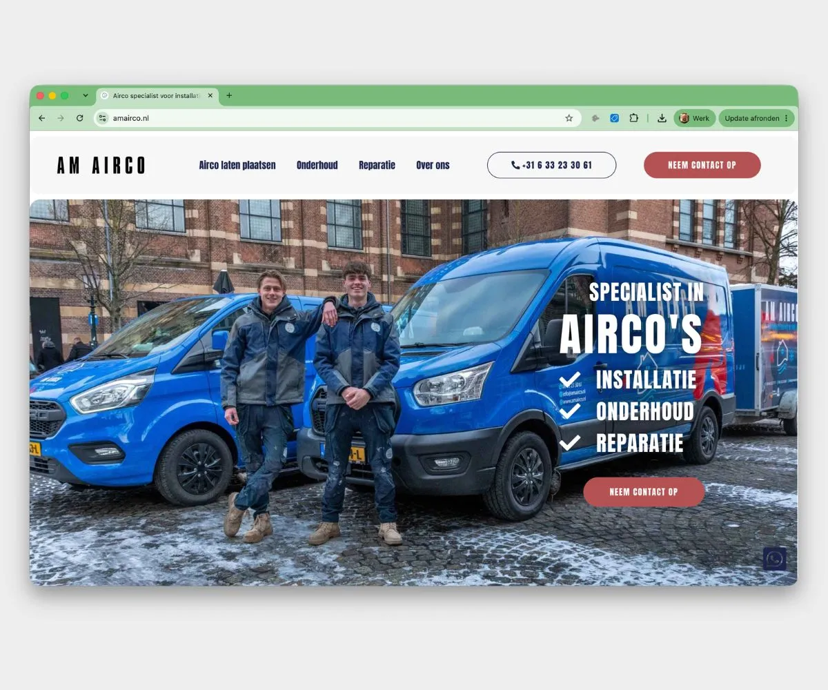 Homepage van AM Airco, website gerealiseerd met Nu Vooruit