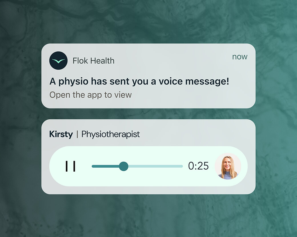Push notification message displaying voice message from a physiotherapist.