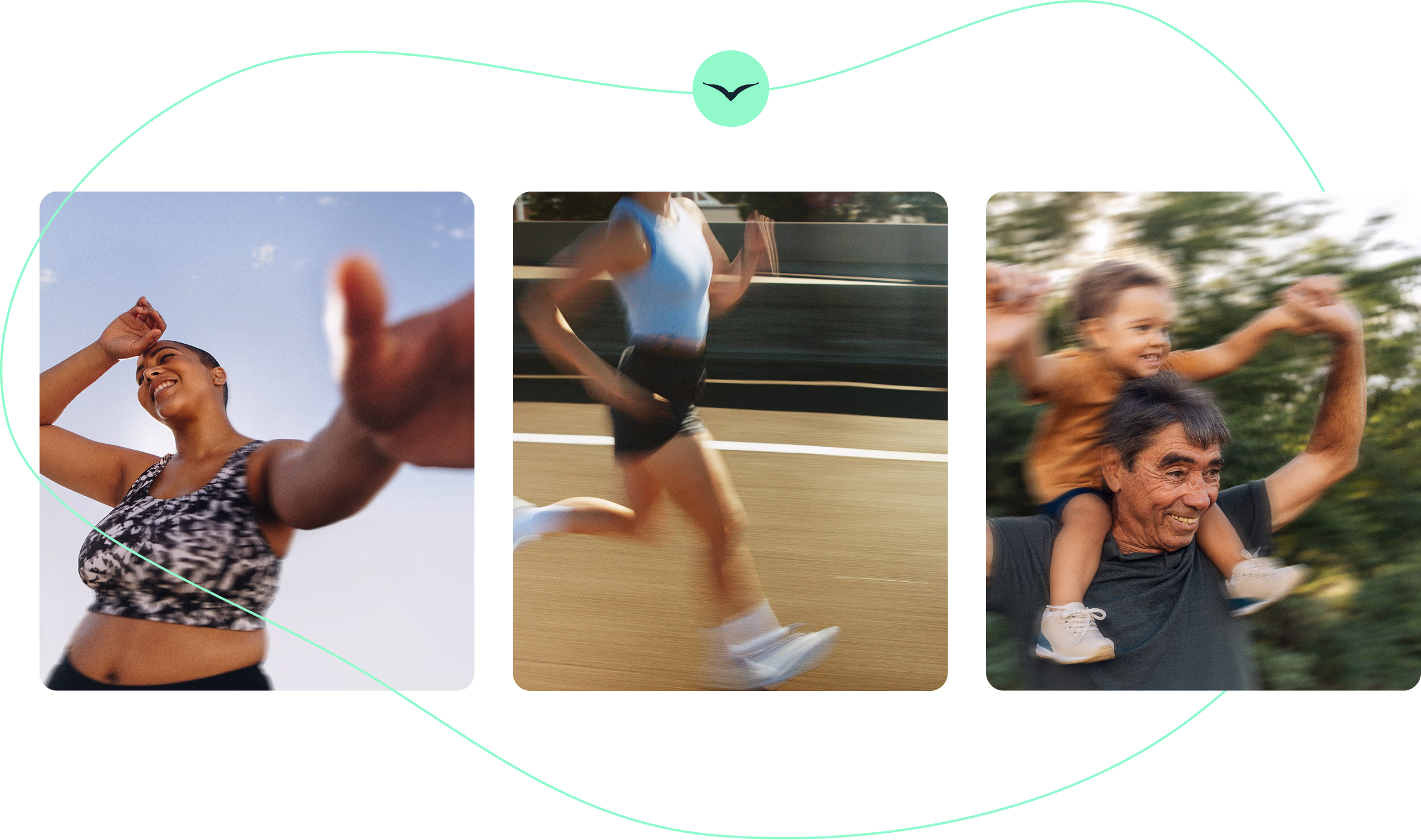 A woman dancing, a woman running, and a man carrying a child on his shoulders.