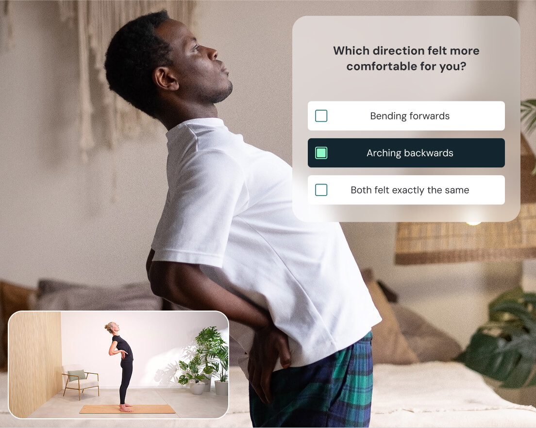 A man arching backwards as prompted by her physiotherapist in the app
