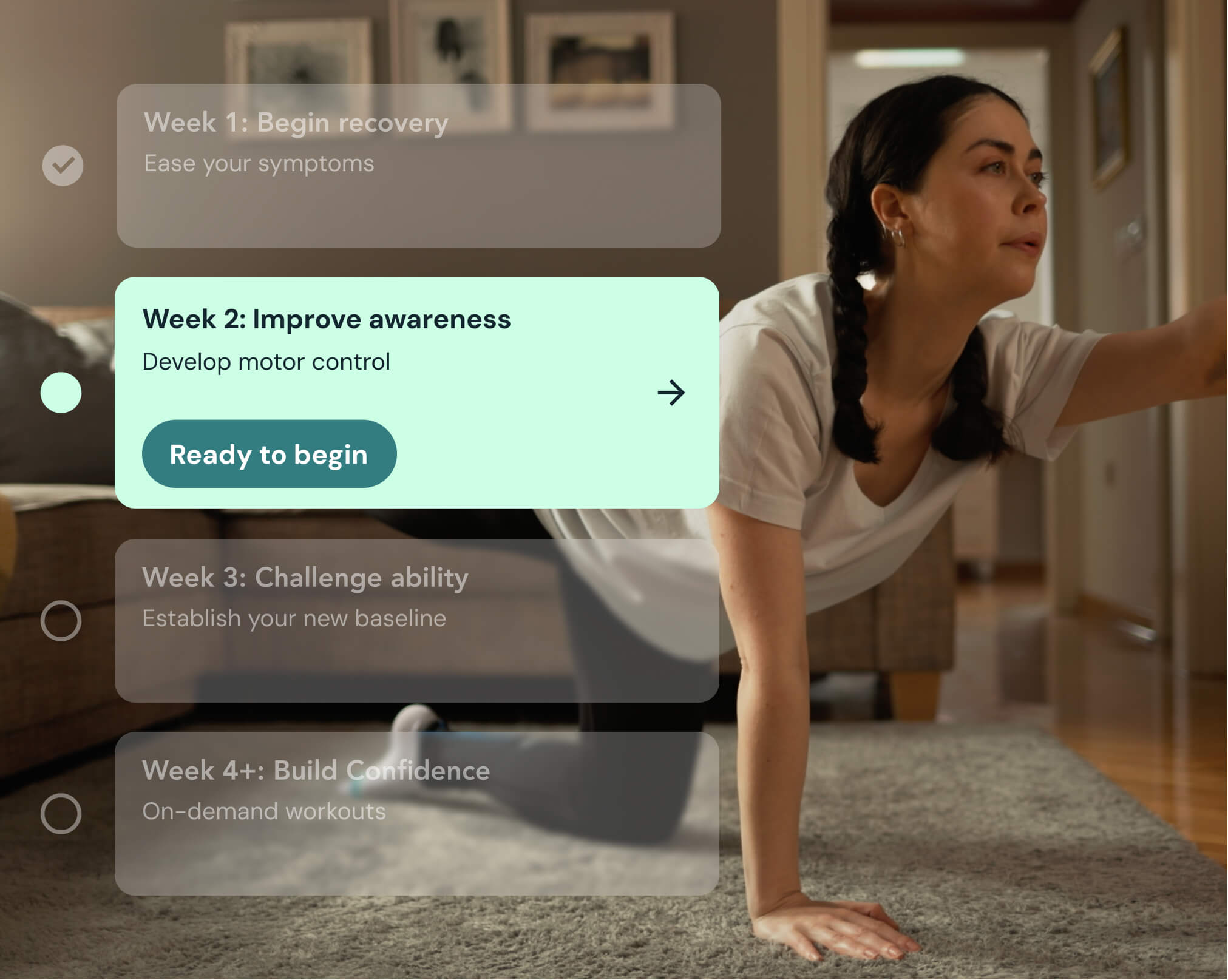 Woman exercising with an overlay showing her 4-week physiotherapy program.