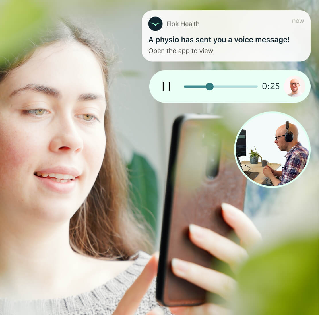 Young woman holding a smartphone, viewing a voice message notification and audio player interface from a physiotherapist