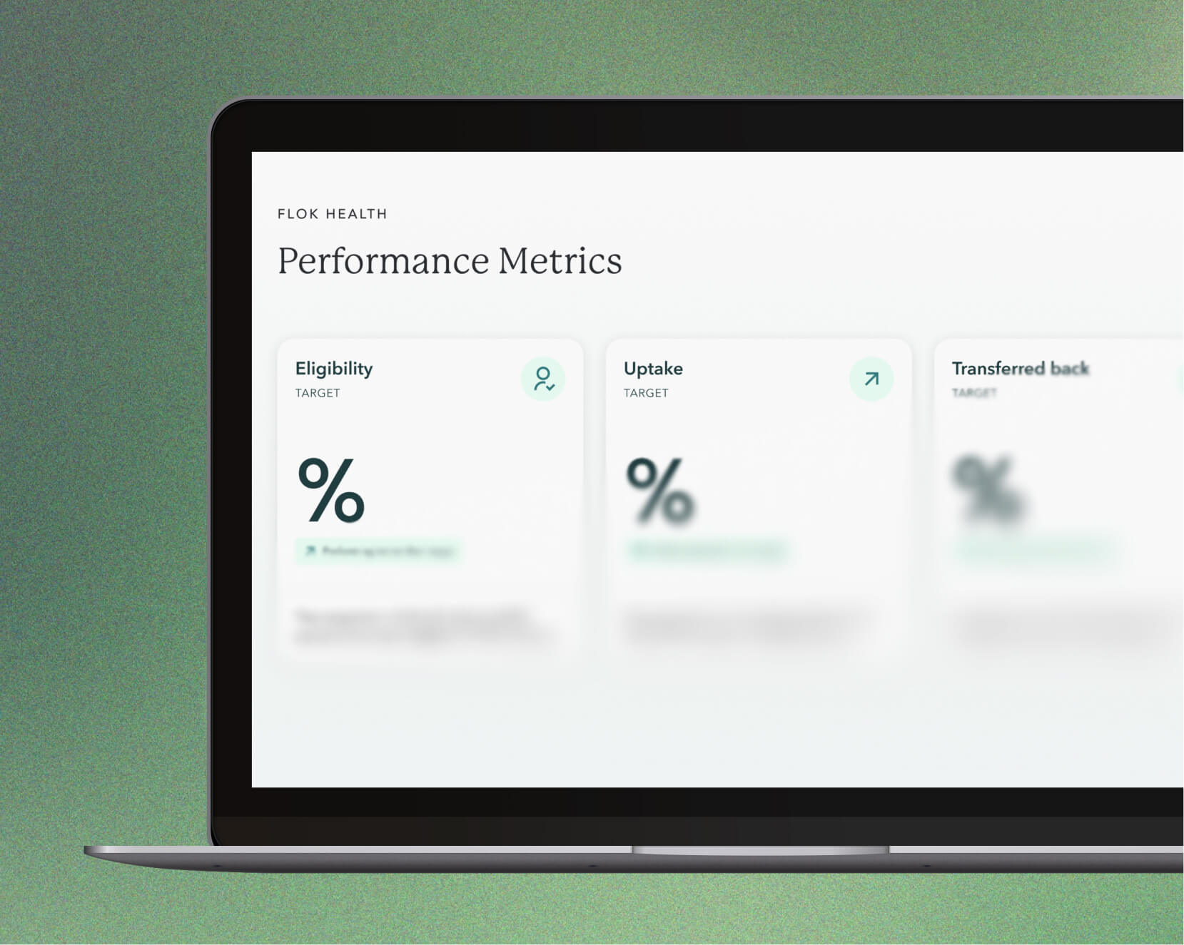 Close-up of a laptop screen displaying Flok Health's Performance Metrics dashboard.