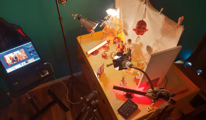 Animatiestudio van Fragmonia waarin een stop-motion opstelling staat voor de leader voor docu Baanders Wil Een Baby