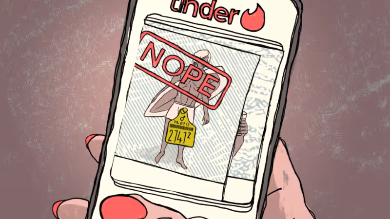 Getekende afbeelding van een telefoon in een hand die op Tinder een foto naar links swipet