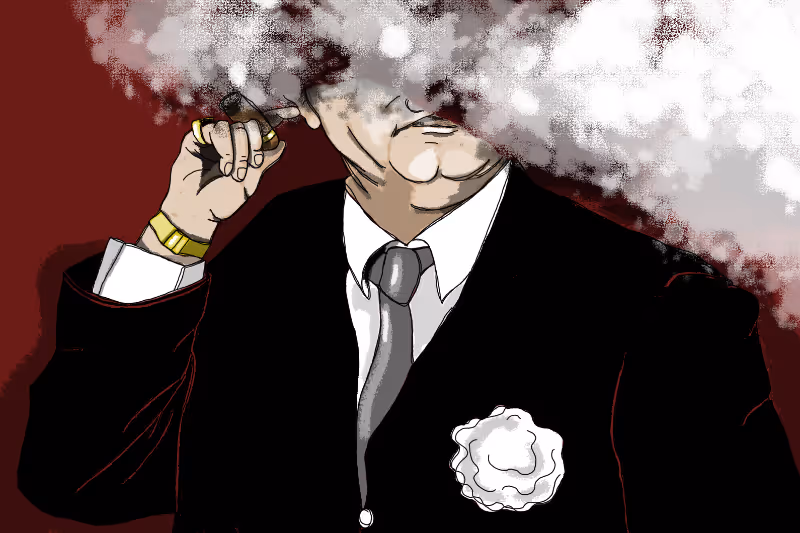 Still uit de videopodcast De Kruidendokter waarop de kruidendokter te zien is in een wolk van sigarenrook