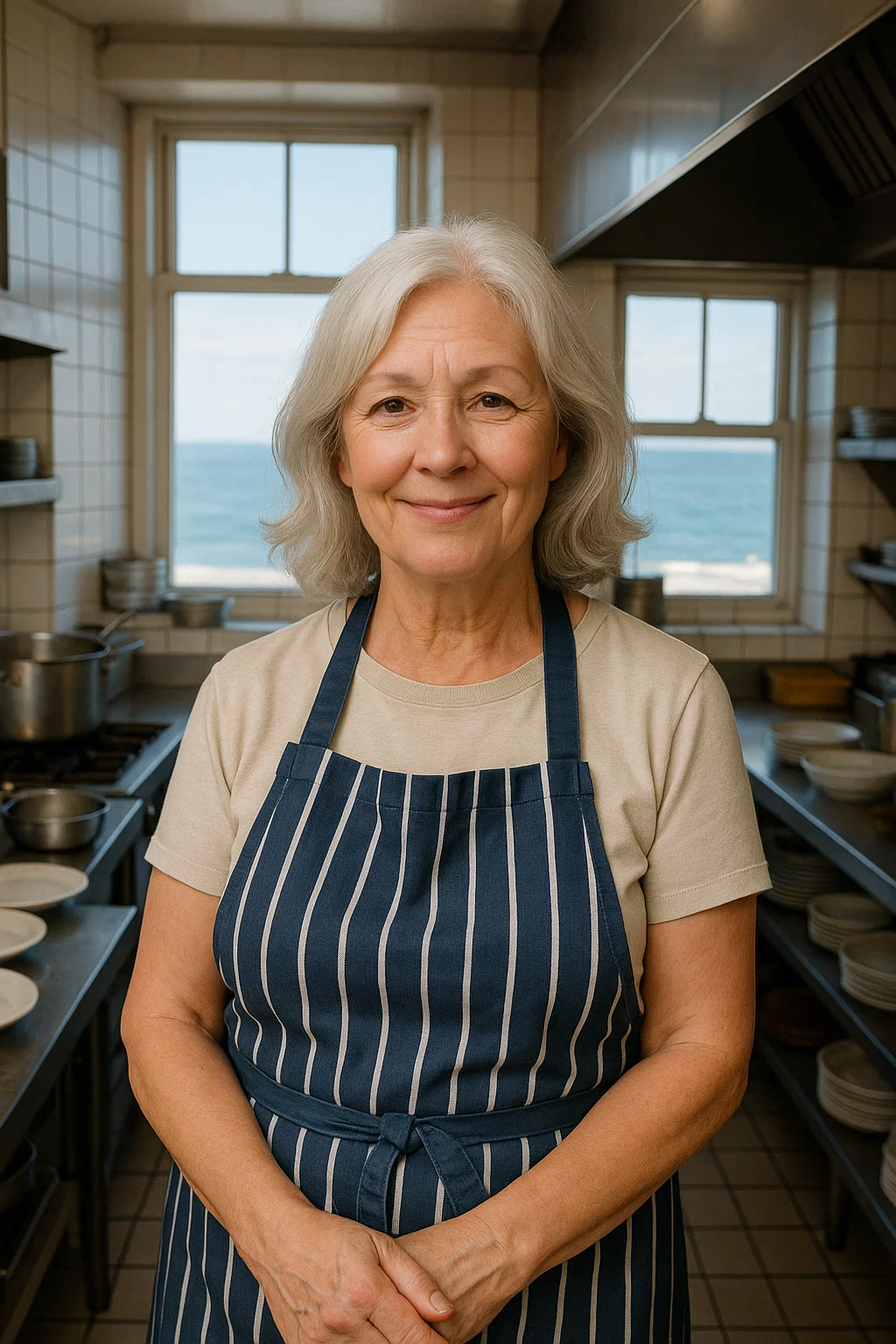 An AI generated picture of a female chef with grey hair wearing a pinny in a second floor kitchen. 