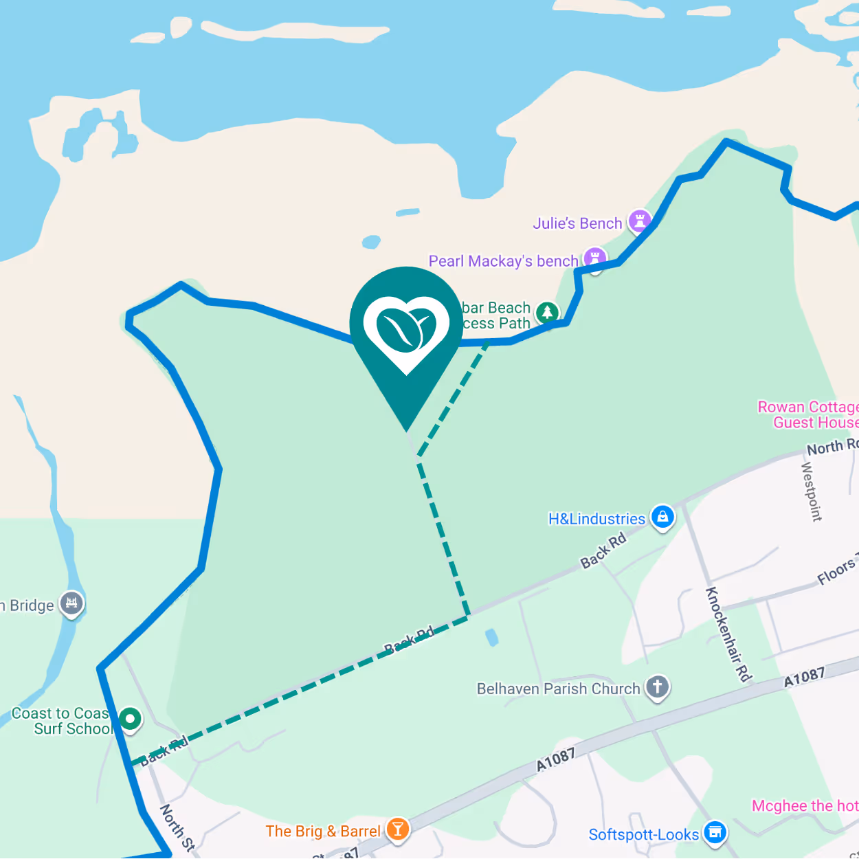 A bespoke map showing the way to walk or drive to Aunty D's Cafe Bar and Restaurant, Dunbar. 