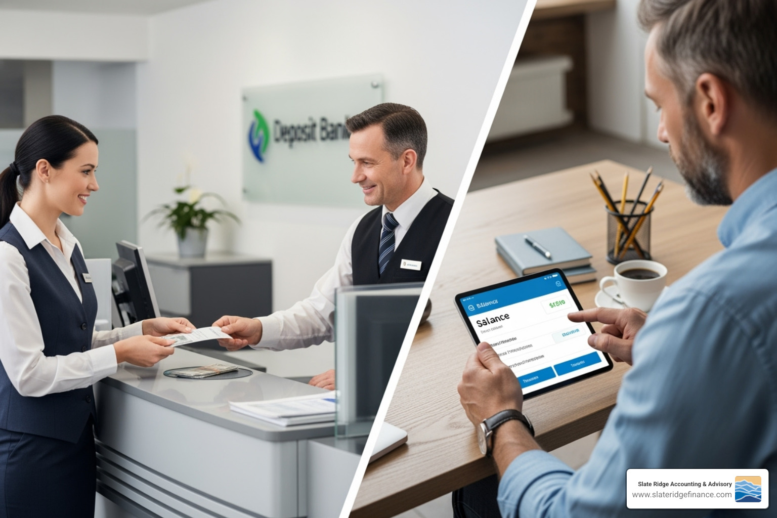 A split image showing a business owner at a bank counter on one side and another business owner using a mobile banking app on a tablet on the other side, representing the comparison between traditional and online banking. - accounts for small business
