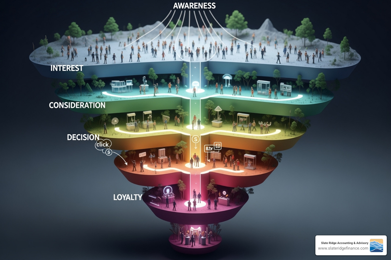 Marketing sales funnel showing customer journey, from awareness to loyalty. - grow small business