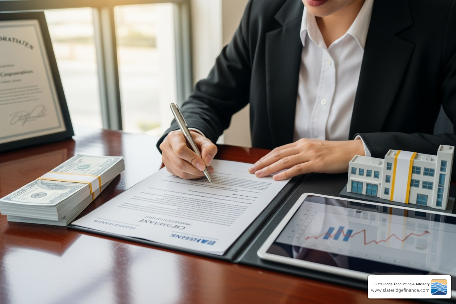 Person signing a loan document, symbolizing securing funding for business expansion. - grow small business