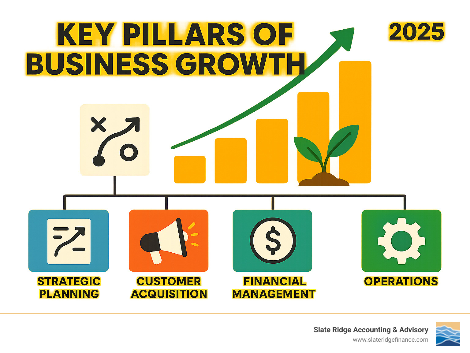 Infographic explaining the key pillars of business growth: Strategic Planning, Customer Acquisition, Financial Management, and Operations. - grow small business infographic 