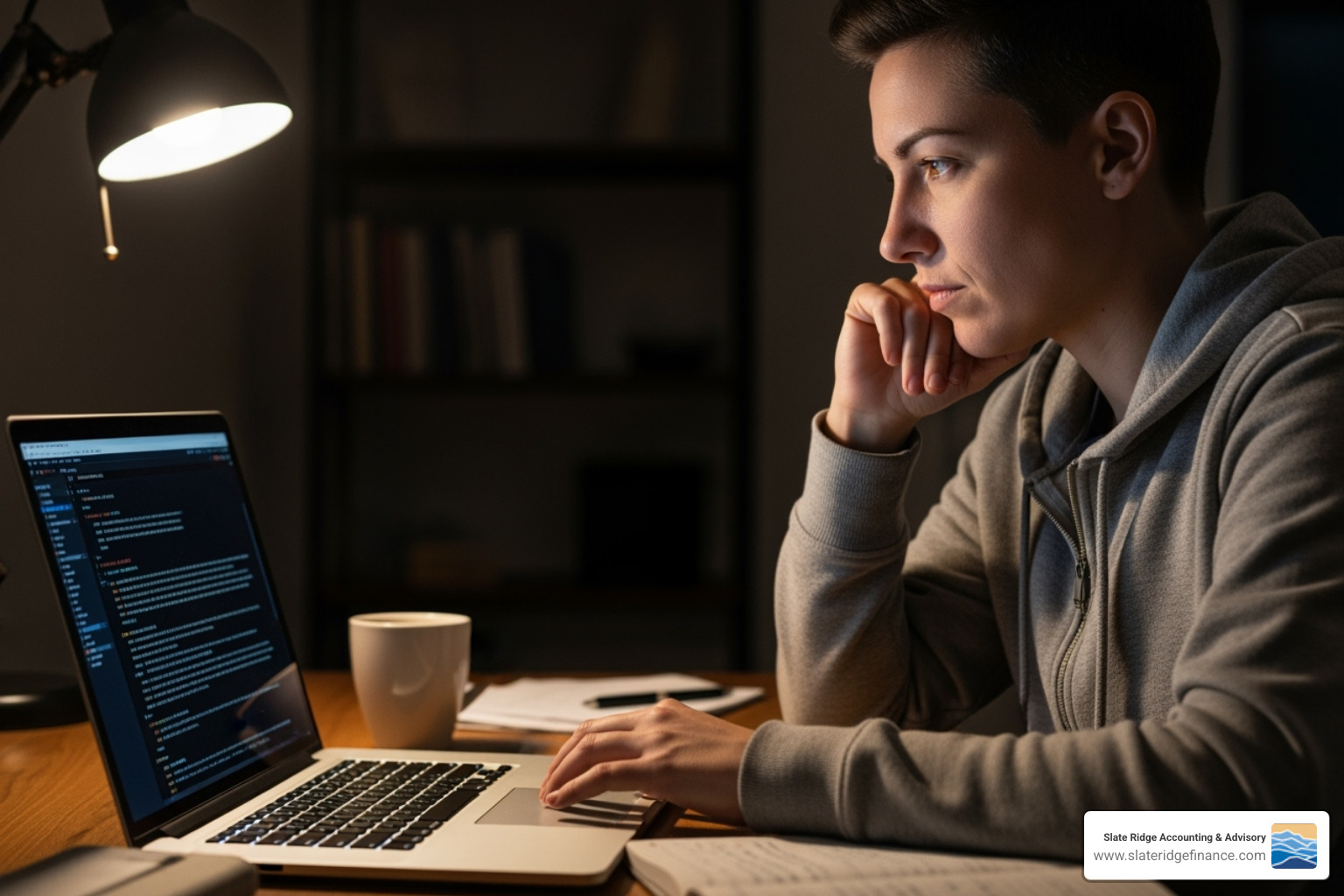 person looking thoughtfully at a laptop screen - virtual financial planning