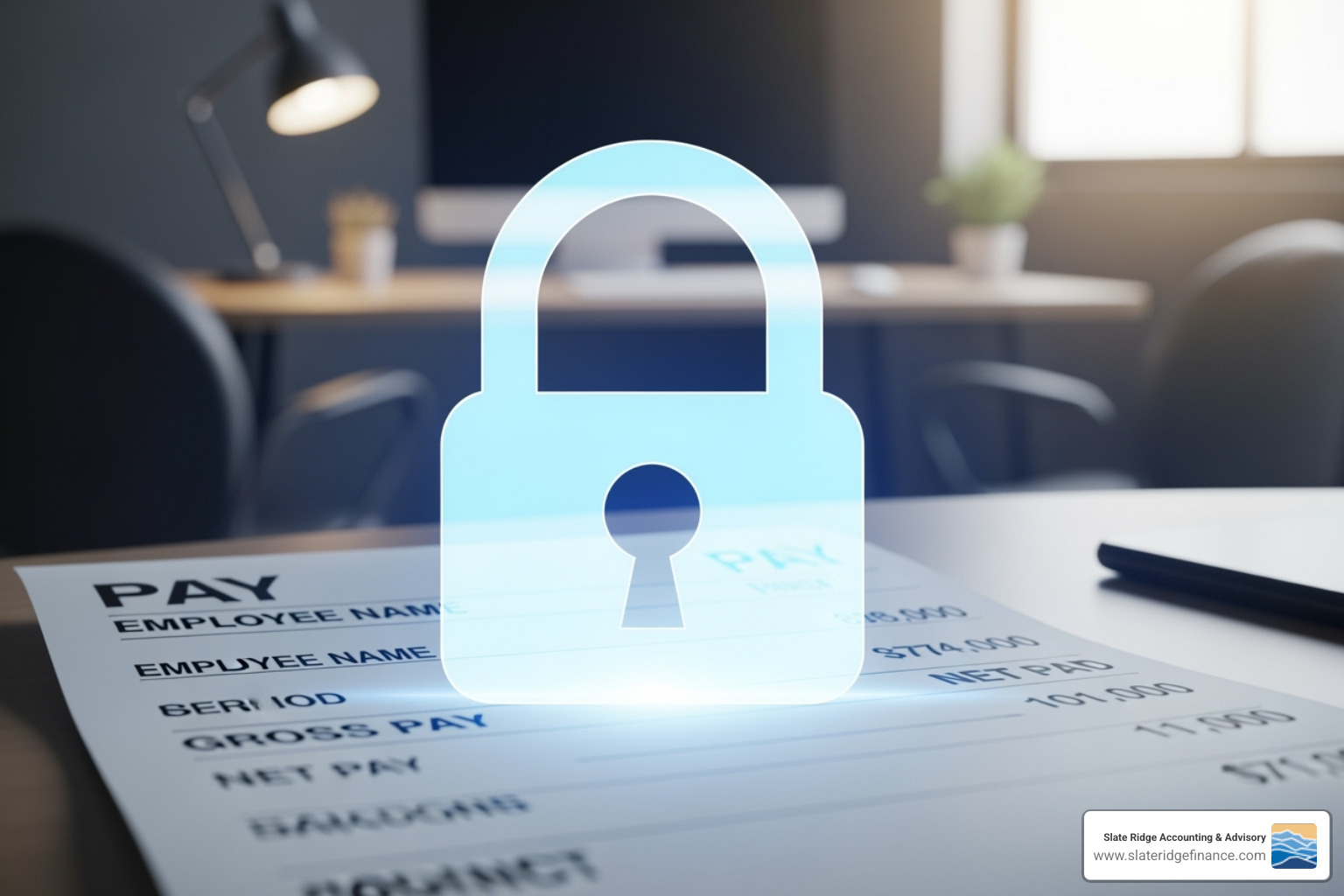 A digital lock icon superimposed on a pay stub, symbolizing data security - payroll management services A digital lock icon superimposed on a pay stub, symbolizing data security - payroll management services