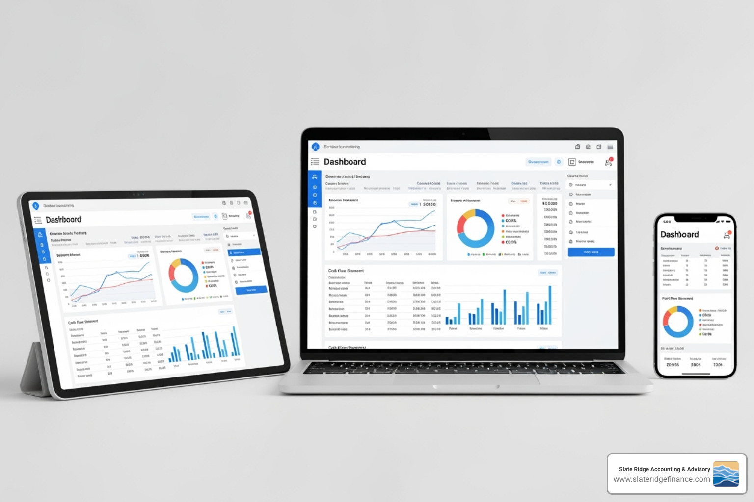 cloud accounting dashboard accessible on a laptop, tablet, and smartphone - bookkeeper near me
