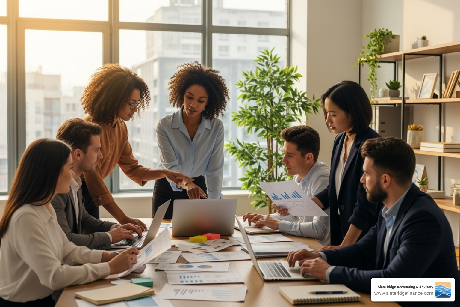 Image of a team collaborating on financial reports, showing diverse individuals working together on screens and documents - financial reporting services