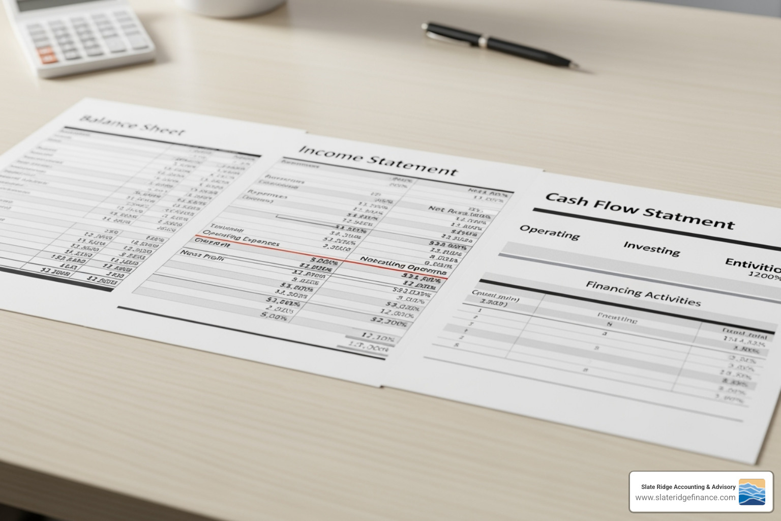 Image of the three core financial statements side-by-side: Balance Sheet, Income Statement, and Cash Flow Statement - financial reporting services