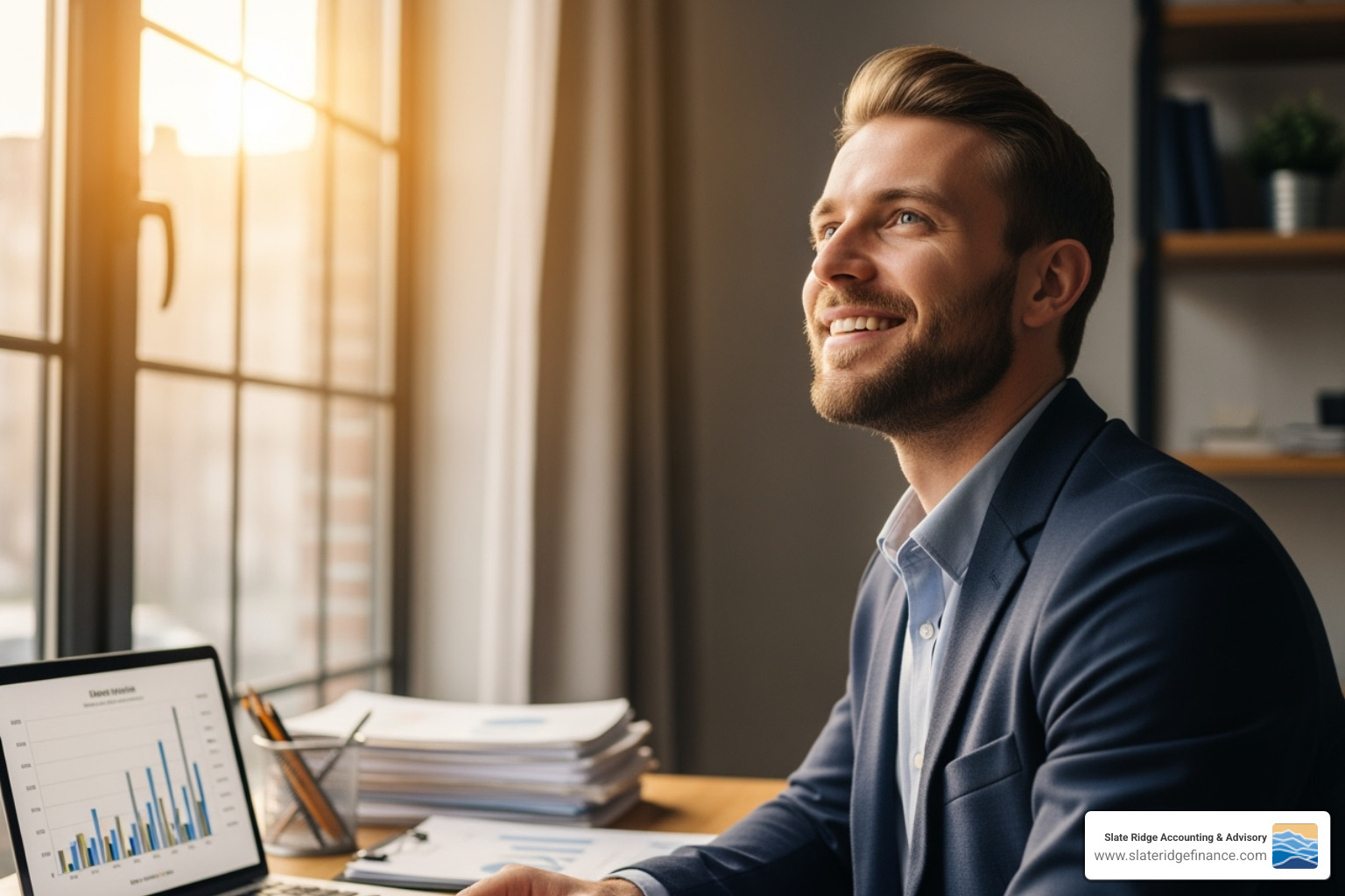 Image of a focused business owner freed from paperwork and looking confidently into the future - financial reporting services