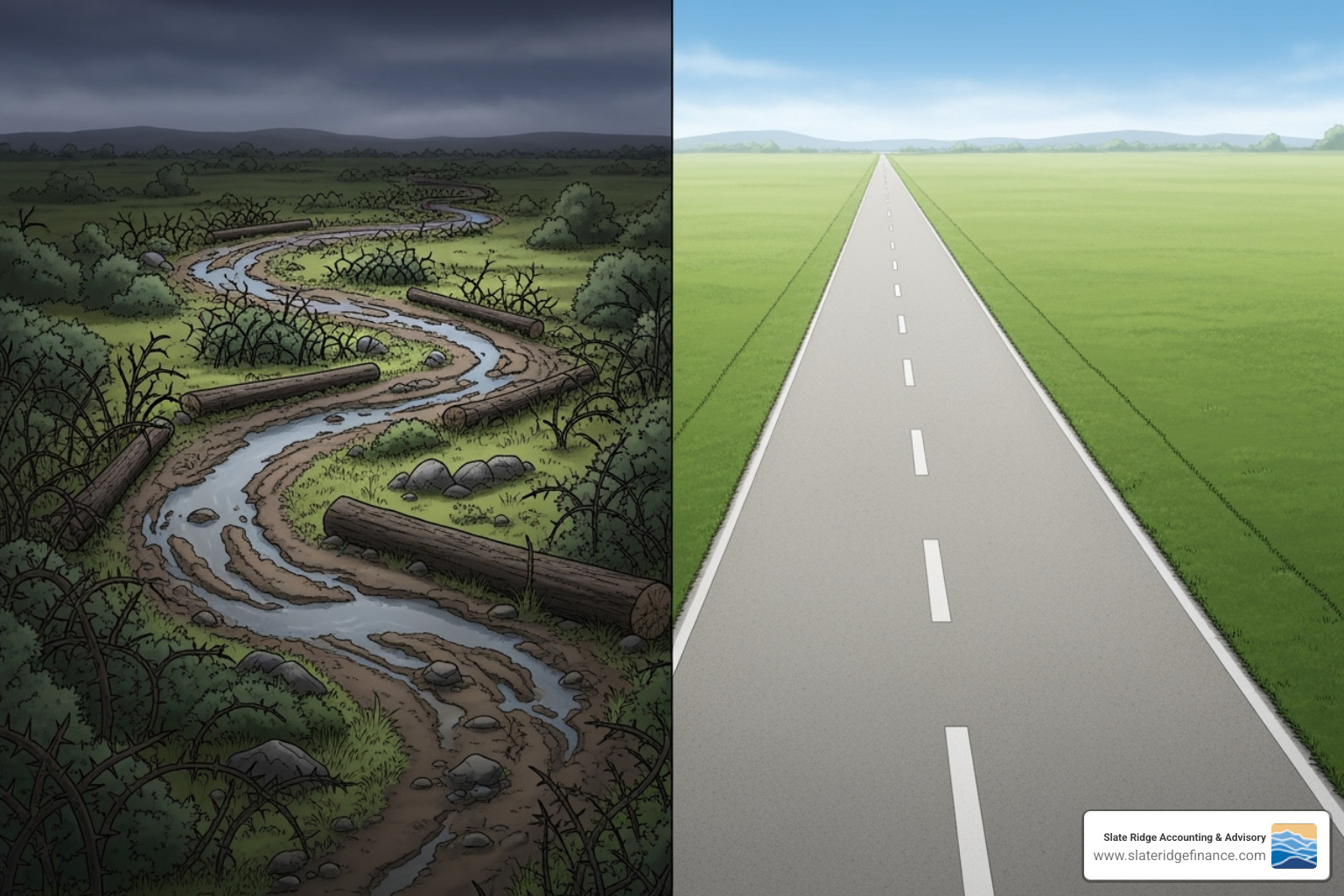 Flowchart showing a streamlined vs. a complex process - financial process optimization