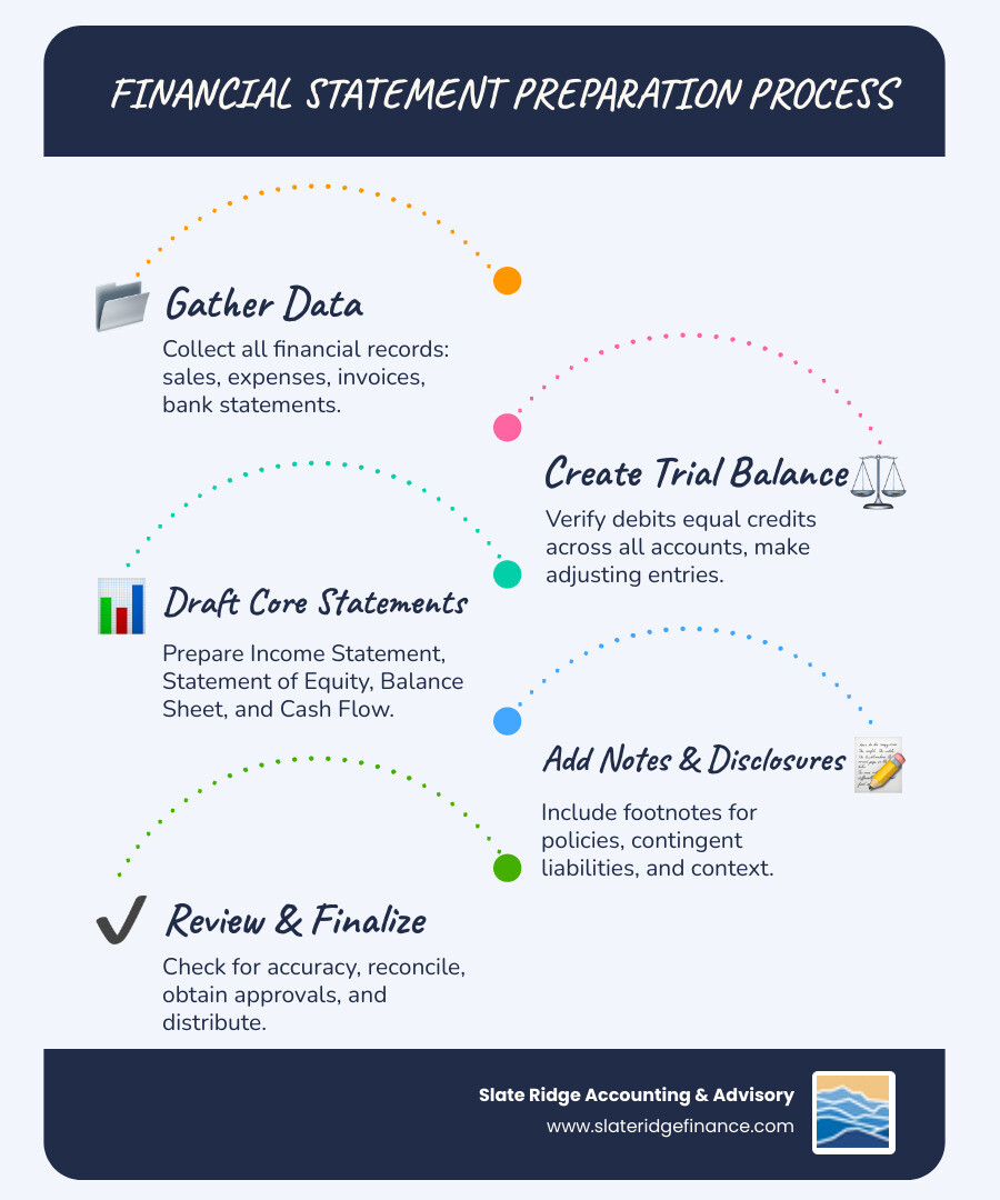 Comprehensive infographic showing the financial statement preparation process: Step 1 shows data gathering with icons for receipts, invoices and bank statements; Step 2 displays trial balance creation with debit/credit columns; Step 3 illustrates the four core financial statements (Income Statement showing revenue minus expenses equals net income, Balance Sheet showing the accounting equation Assets equals Liabilities plus Equity, Cash Flow Statement with three activity categories, and Statement of Shareholders Equity); Step 4 shows notes and disclosures being added; Step 5 depicts review and finalization with approval checkmarks - Financial statement preparation infographic infographic-line-5-steps-blues-accent_colors Comprehensive infographic showing the financial statement preparation process: Step 1 shows data gathering with icons for receipts, invoices and bank statements; Step 2 displays trial balance creation with debit/credit columns; Step 3 illustrates the four core financial statements (Income Statement showing revenue minus expenses equals net income, Balance Sheet showing the accounting equation Assets equals Liabilities plus Equity, Cash Flow Statement with three activity categories, and Statement of Shareholders Equity); Step 4 shows notes and disclosures being added; Step 5 depicts review and finalization with approval checkmarks - Financial statement preparation infographic infographic-line-5-steps-blues-accent_colors
