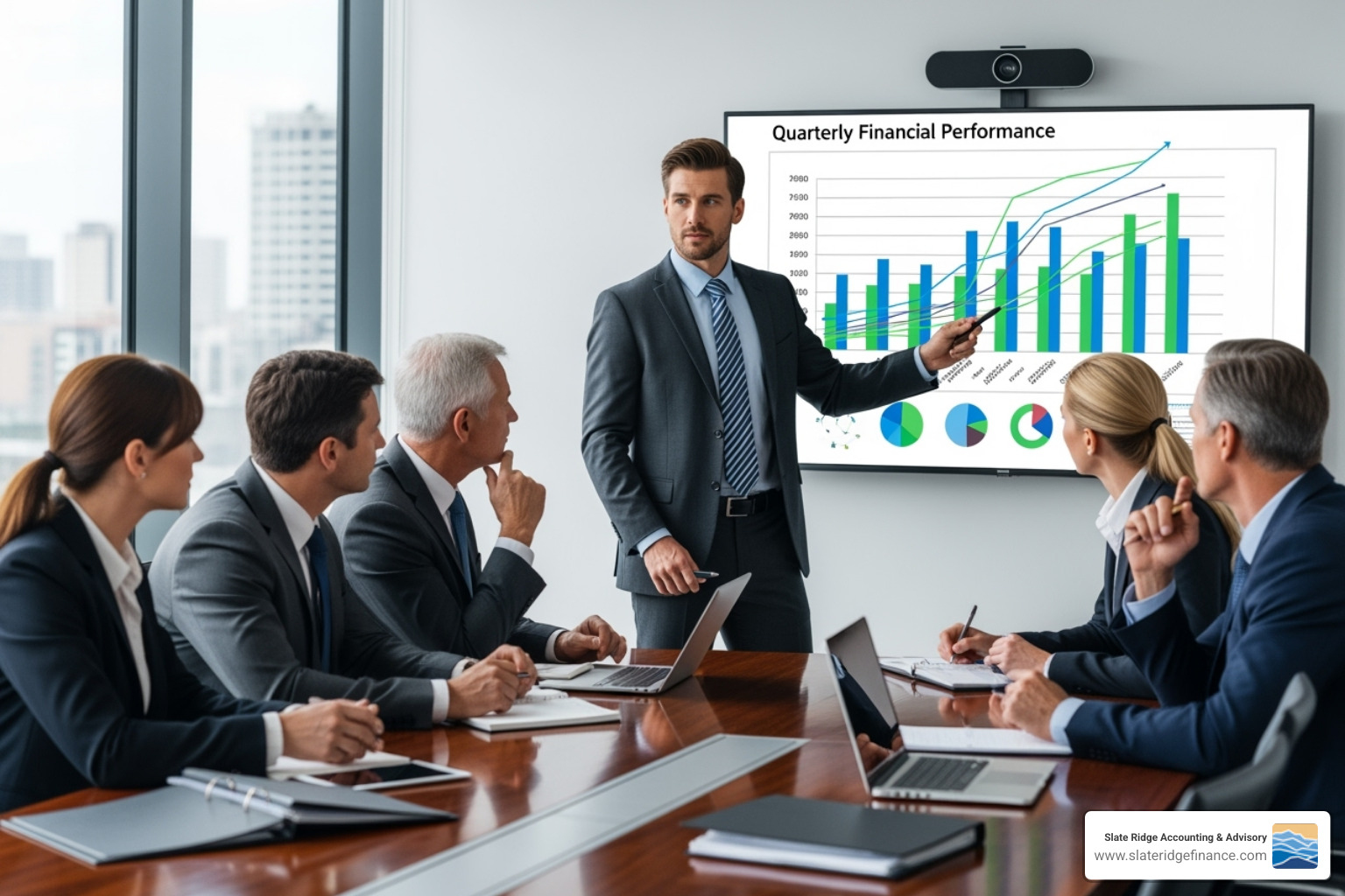 Image of an accountant acting as a strategic advisor in a business meeting, presenting insights from data to executives, emphasizing their new role beyond traditional bookkeeping - Modern accounting practices