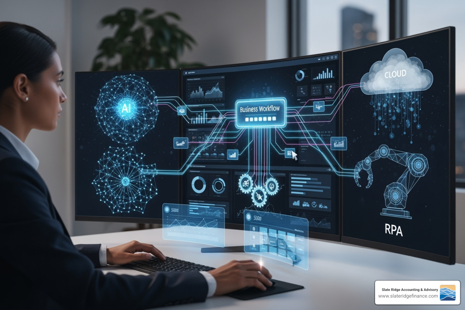 Image illustrating the integration of AI, Cloud, and RPA in an accounting workflow, showing data flowing seamlessly between different technological components and human oversight - Modern accounting practices Image illustrating the integration of AI, Cloud, and RPA in an accounting workflow, showing data flowing seamlessly between different technological components and human oversight - Modern accounting practices