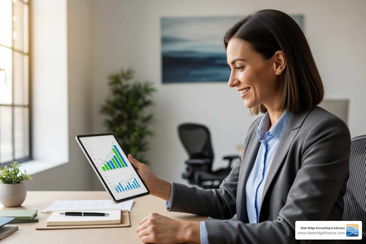 Image of a thriving small business owner looking at positive financial charts on a tablet, symbolizing success and financial clarity achieved through modern accounting practices - Modern accounting practices Image of a thriving small business owner looking at positive financial charts on a tablet, symbolizing success and financial clarity achieved through modern accounting practices - Modern accounting practices