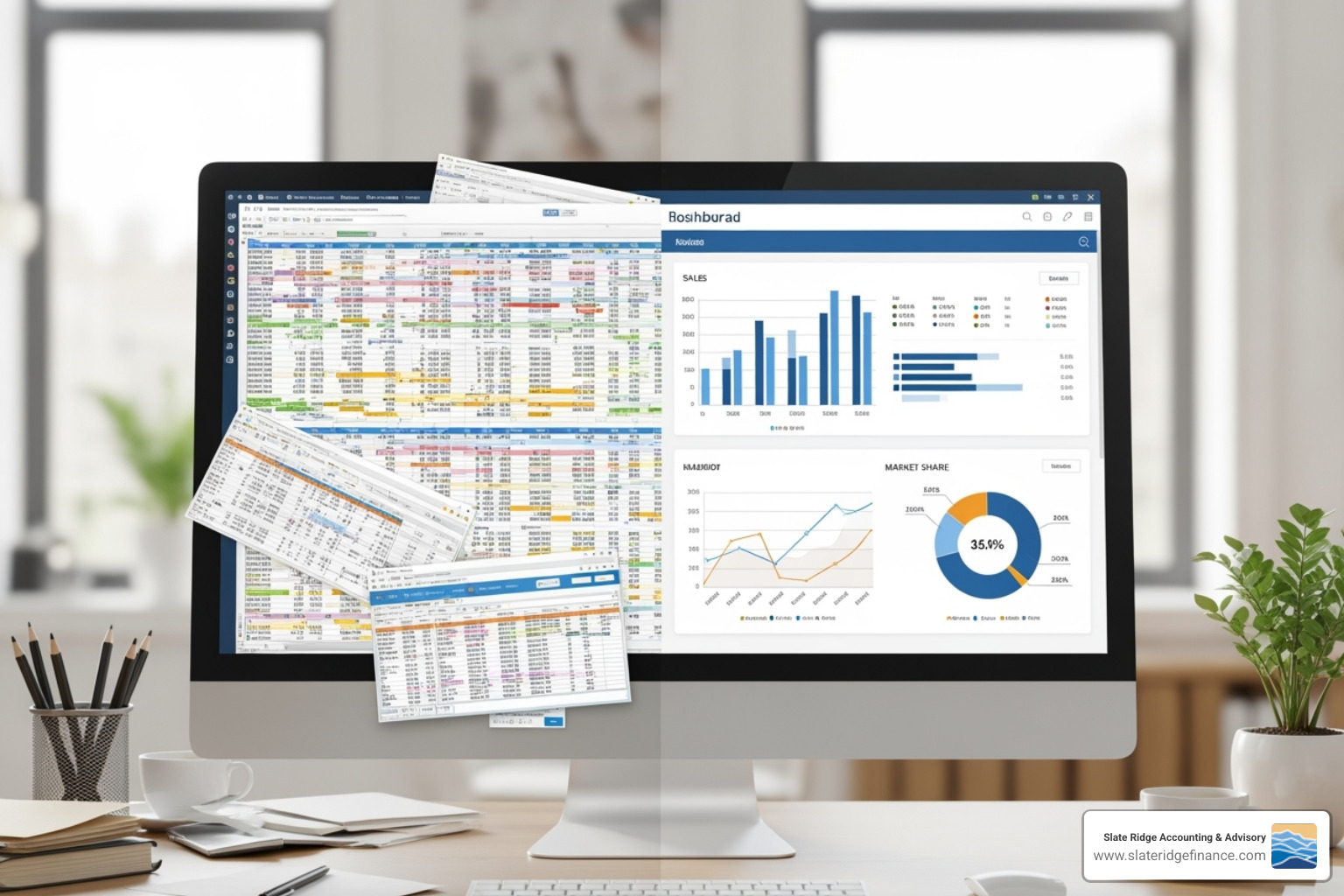 Comparison of a messy KPI spreadsheet vs. a clean, modern KPI software dashboard - how to track KPIs