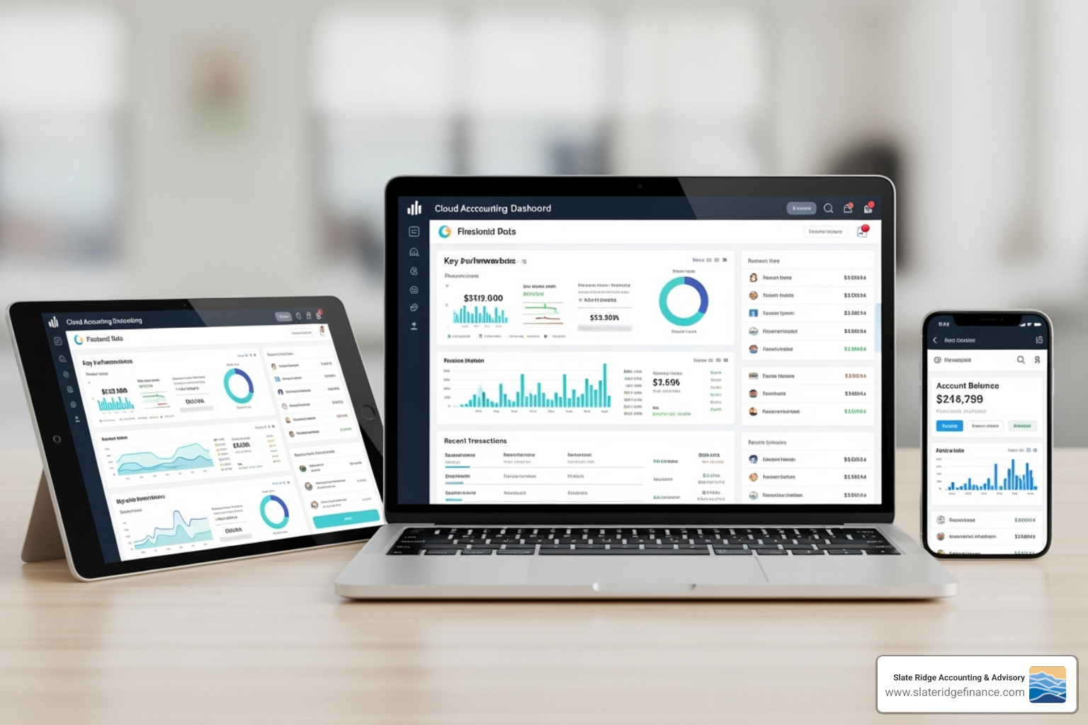 cloud accounting dashboard displayed across a laptop, tablet, and smartphone - monthly accounting packages