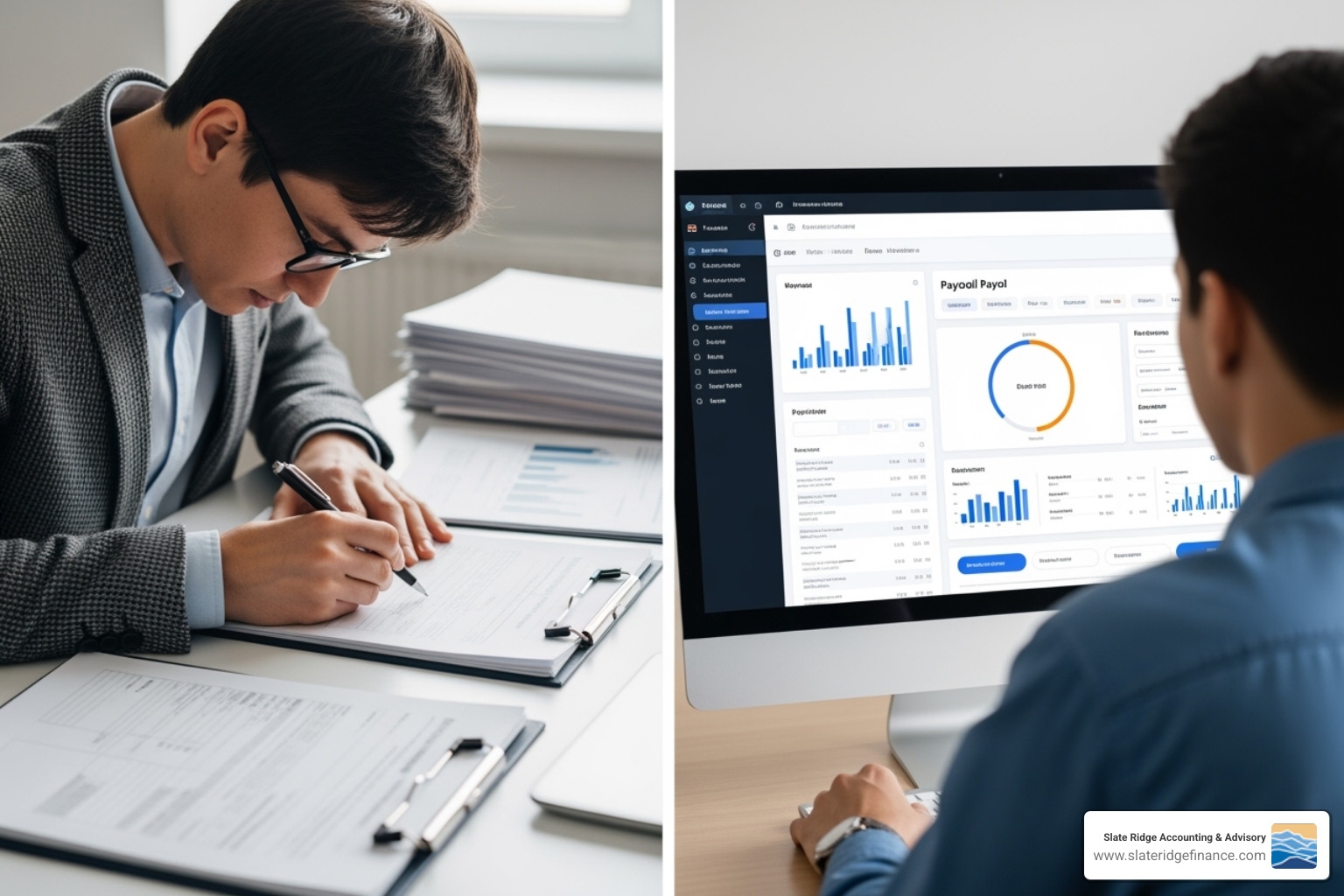 split screen showing a person manually doing paperwork vs. an automated software dashboard - cost of payroll services for small business