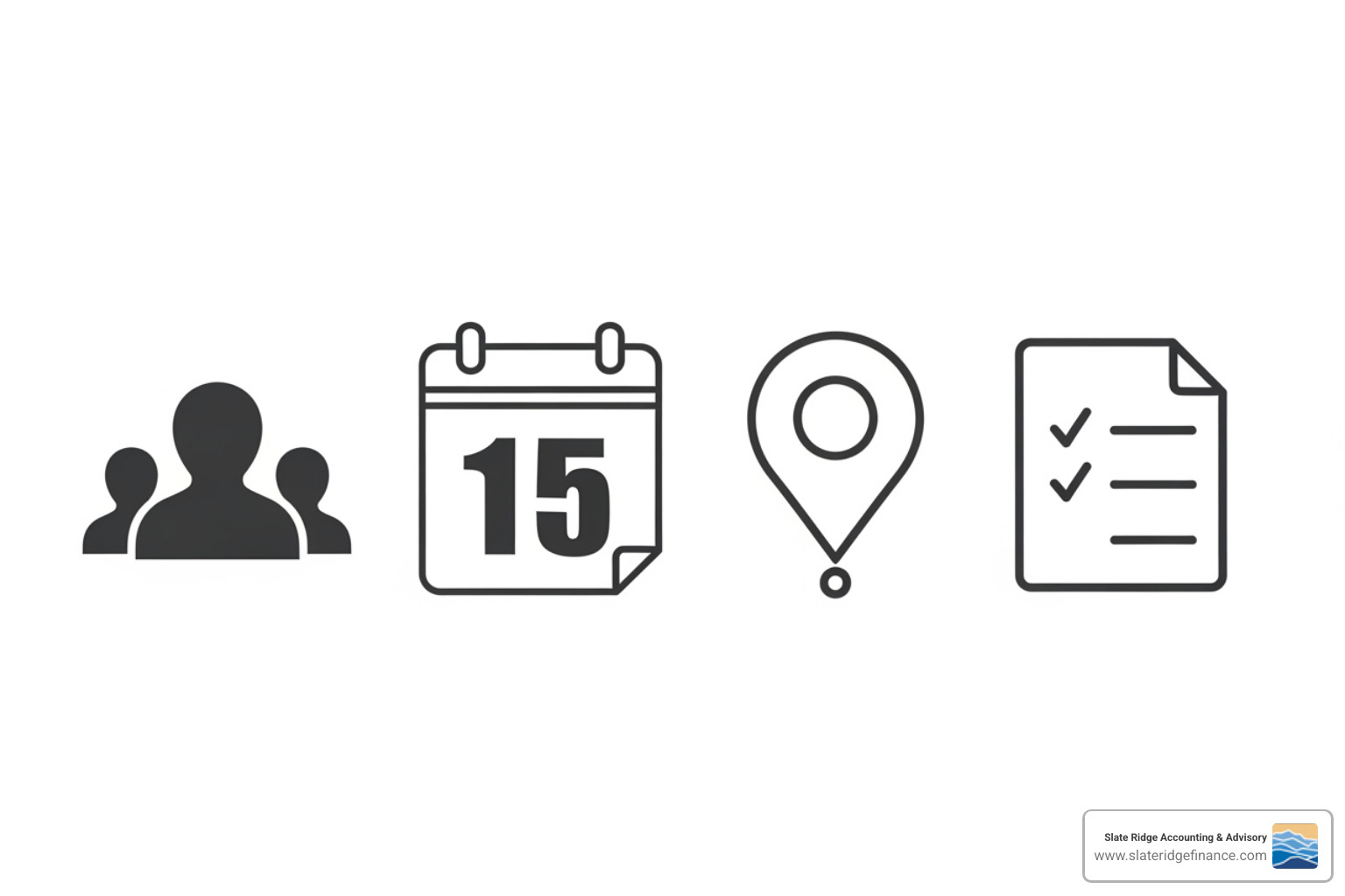 icons representing number of people, a calendar, a map, and a checklist - cost of payroll services for small business