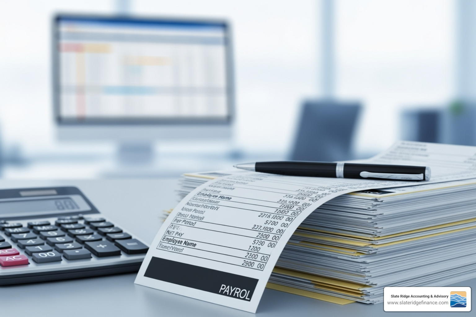 A split screen image showing a person struggling with stacks of paper and a calculator for in-house payroll (DIY) on one side, and a calm business owner collaborating with a professional payroll partner on a computer screen on the other side - payroll administration services