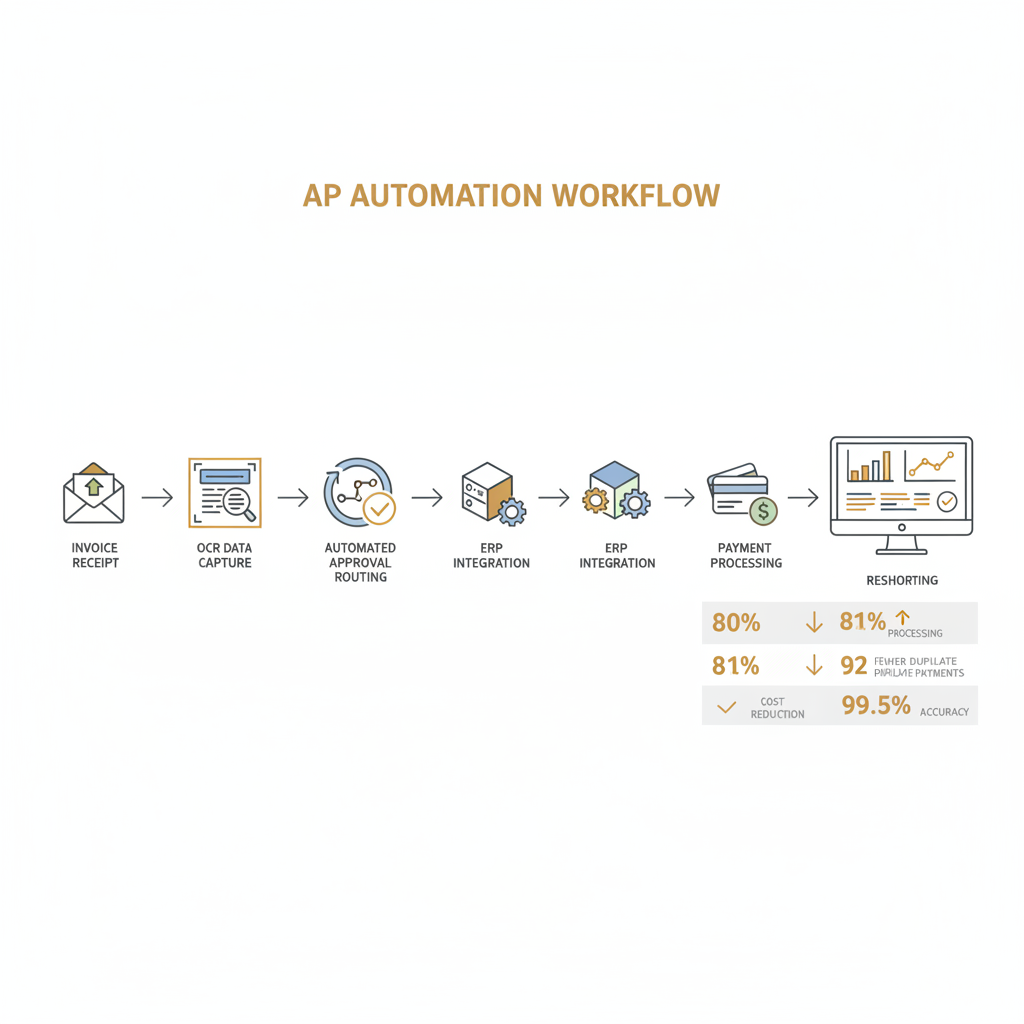 infographic showing AP automation workflow from invoice receipt through OCR data capture, automated approval routing, ERP integration, payment processing, and reporting dashboard with statistics: 80% cost reduction, 81% faster processing, 92% fewer duplicate payments, 99.5% accuracy - AP automation services infographic infographic showing AP automation workflow from invoice receipt through OCR data capture, automated approval routing, ERP integration, payment processing, and reporting dashboard with statistics: 80% cost reduction, 81% faster processing, 92% fewer duplicate payments, 99.5% accuracy - AP automation services infographic