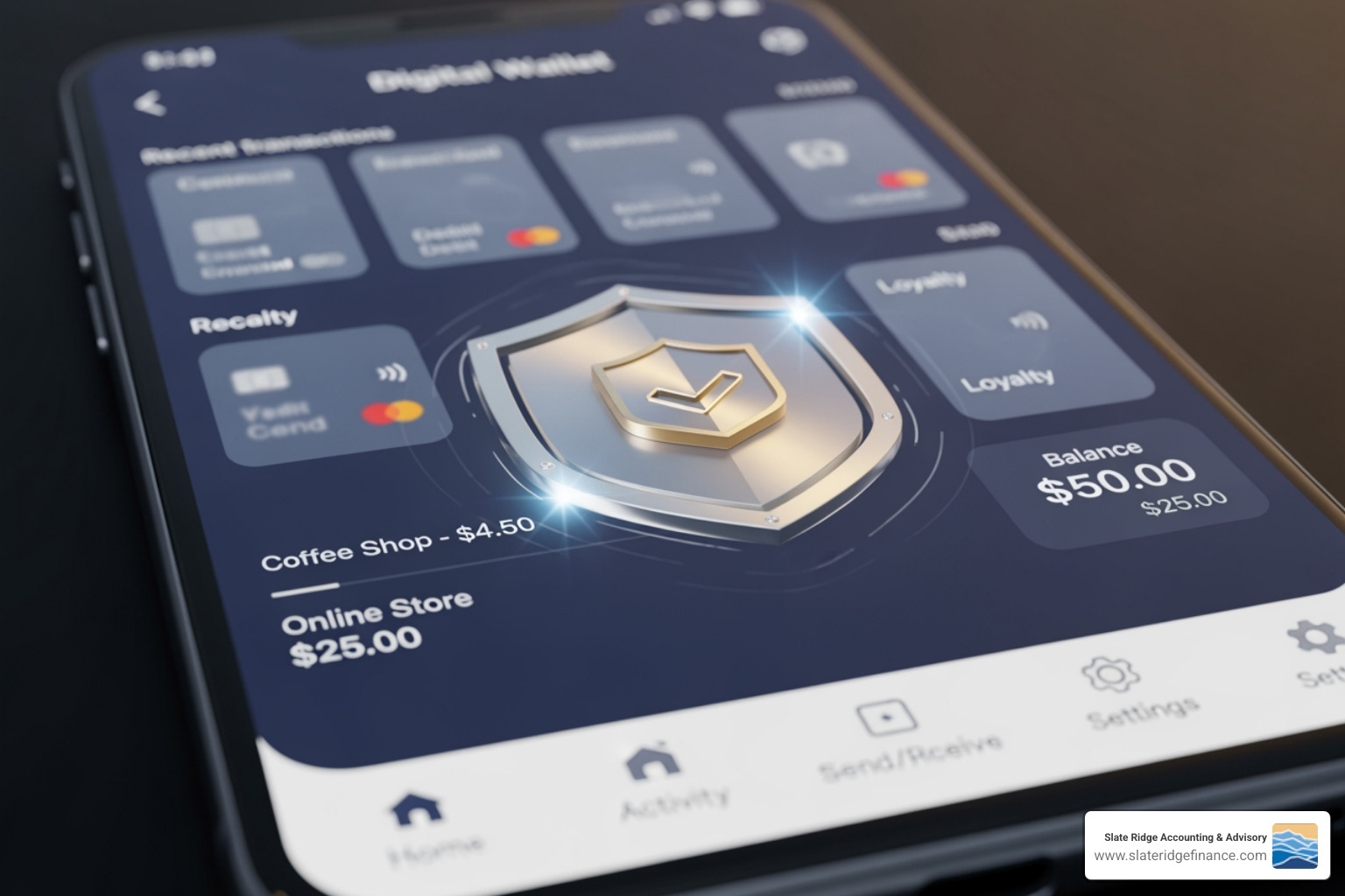 shield icon over a digital wallet - online financial advisory shield icon over a digital wallet - online financial advisory