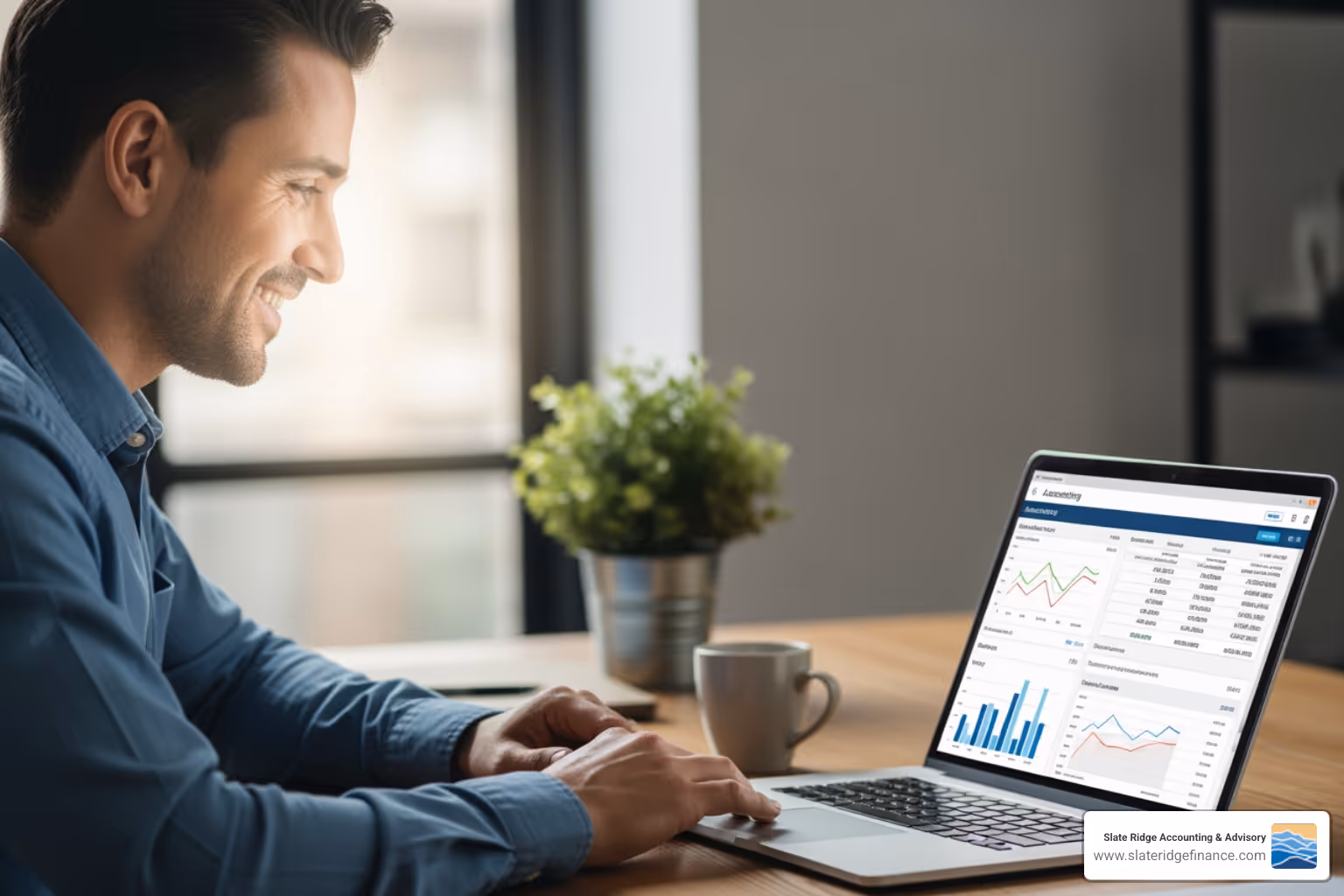 A small business owner looking relieved while using accounting software on a laptop - best accounting systems for small businesses