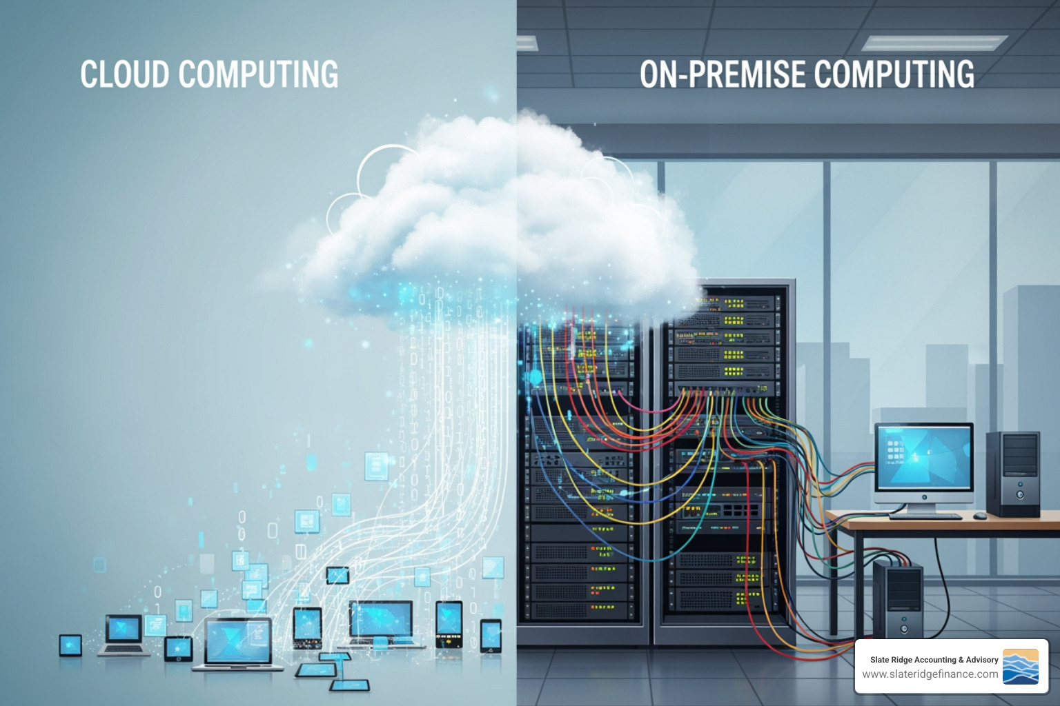 Illustration of cloud computing vs. local server - best accounting systems for small businesses Illustration of cloud computing vs. local server - best accounting systems for small businesses