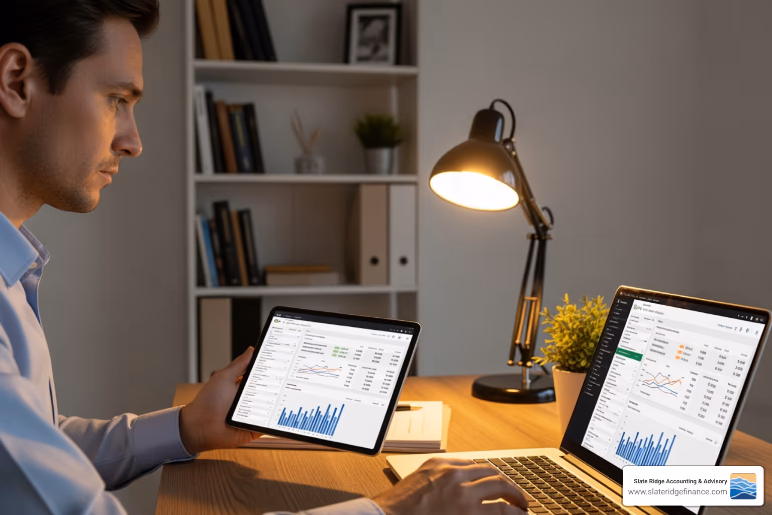 small business owner managing finances on tablet - what is cloud accounting services