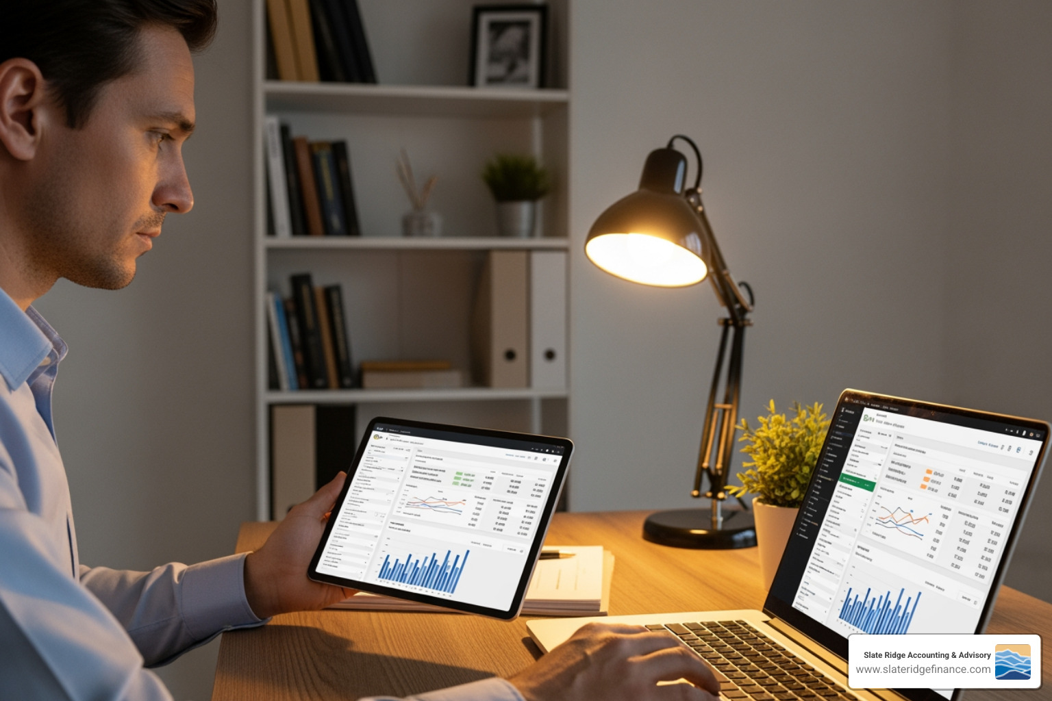 small business owner managing finances on tablet - what is cloud accounting services