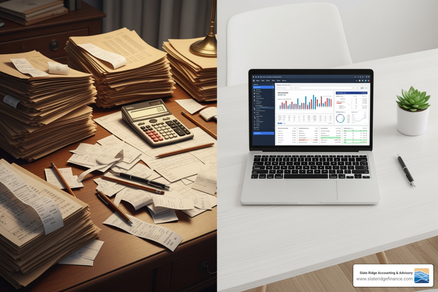 Cluttered desk with paper ledgers vs clean workspace with laptop showing financial dashboards - what is cloud accounting services Cluttered desk with paper ledgers vs clean workspace with laptop showing financial dashboards - what is cloud accounting services