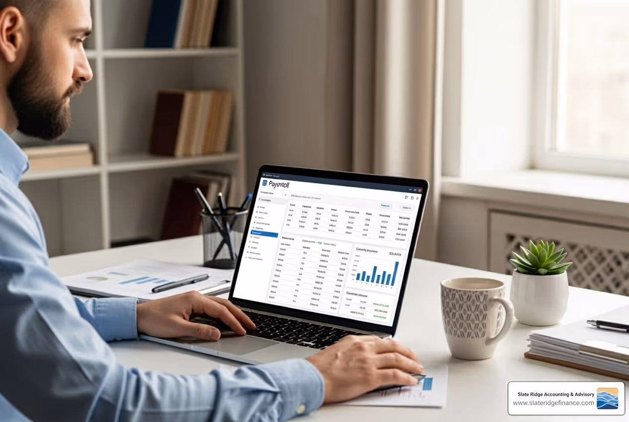 small business owner using laptop for payroll - small business direct deposit payroll