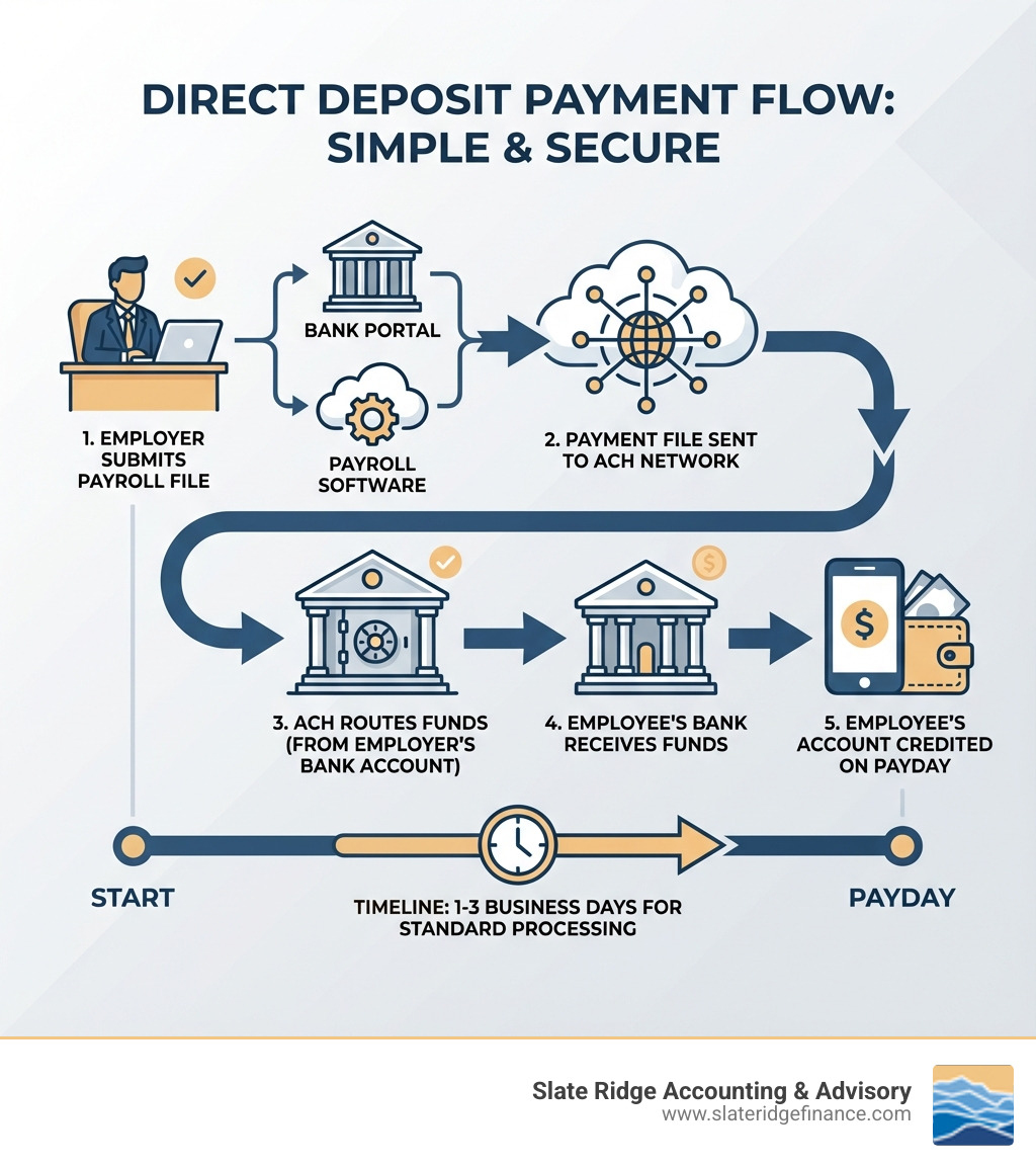 Infographic showing the direct deposit payment flow: 1) Employer submits payroll file to bank or payroll software, 2) Payment file sent to ACH network, 3) ACH routes funds from employer's bank account, 4) Employee's bank receives funds, 5) Employee's account credited on payday. Timeline shows 1-3 business days for standard processing. - small business direct deposit payroll infographic 