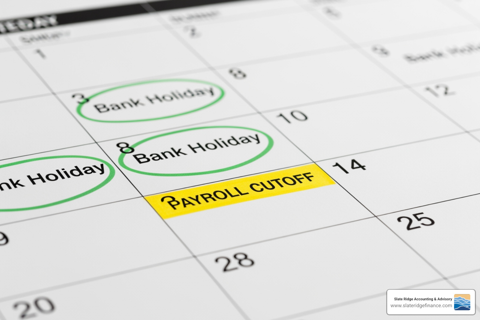 calendar with bank holidays and payroll cutoff dates highlighted - small business direct deposit payroll