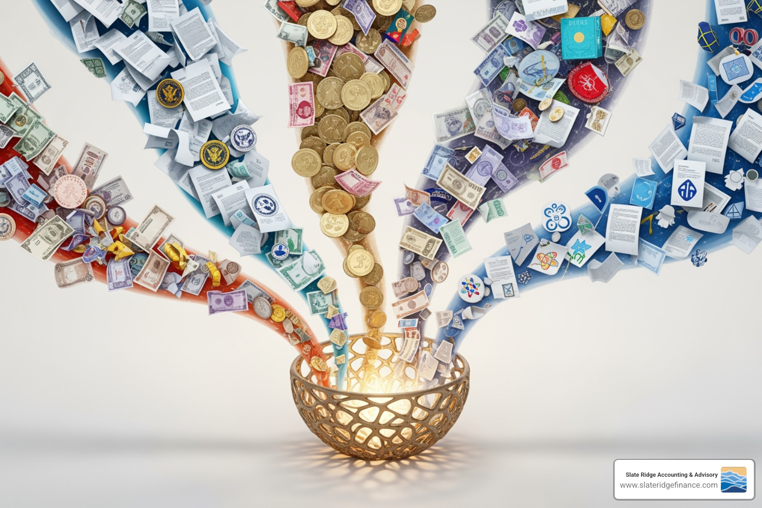 complex funding streams (grants, donations, government funding) flowing into a central organizational hub - cloud accounting software for human services organizations