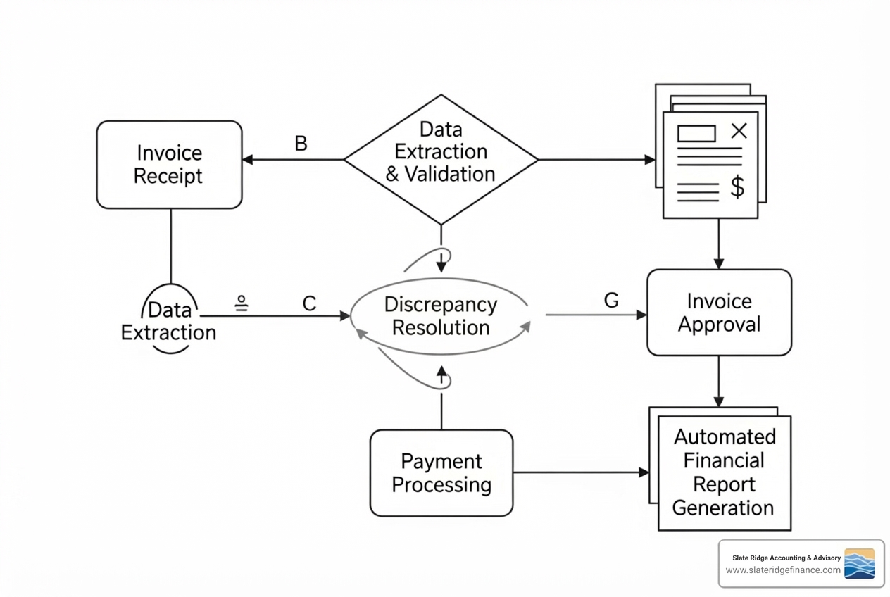 workflow diagram showing automated invoice processing and report generation - cloud accounting software for human services organizations